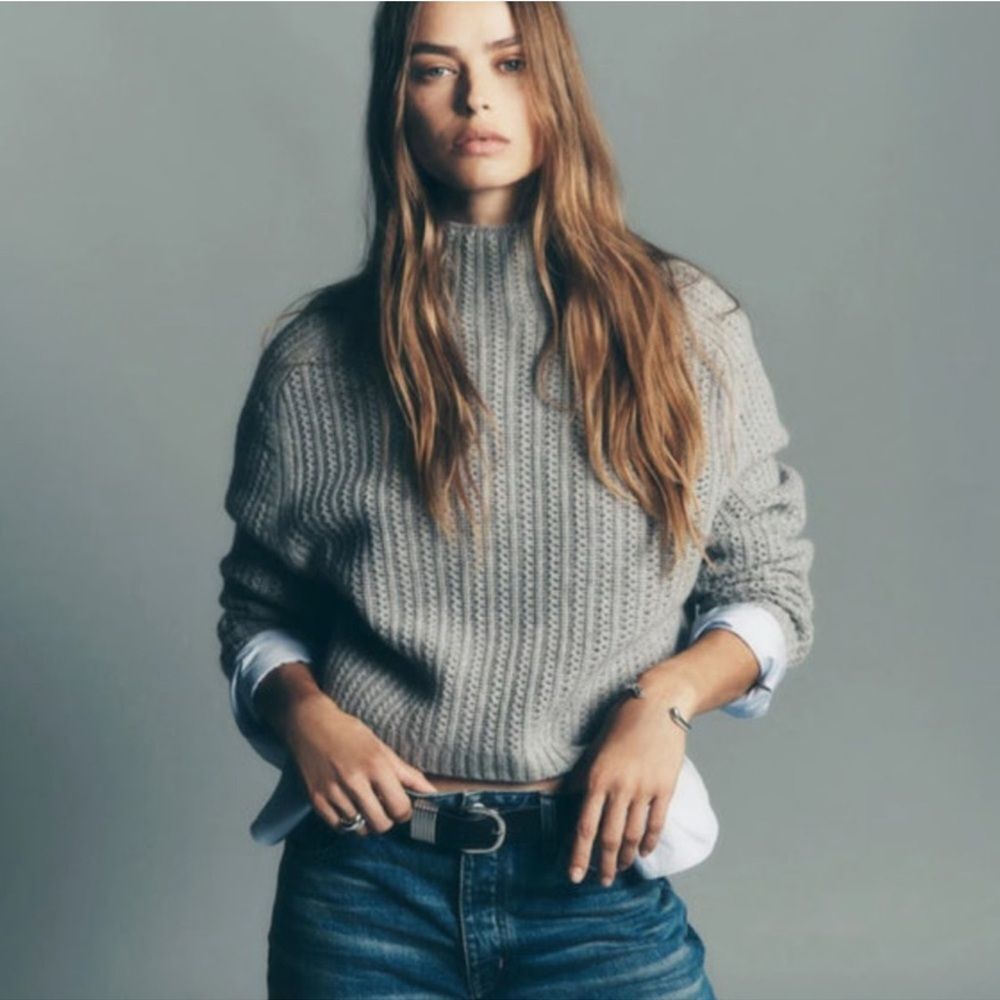 NEW Madewell Pointelle Stitch Wool Mockneck Sweater in Heather Pewter Grey Sz M